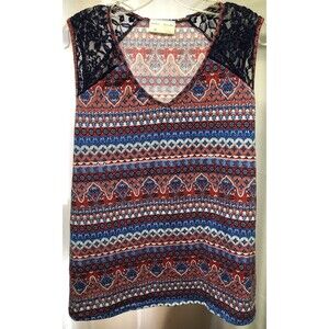 Bobbie Brooks Sleeveless Tank Top 1X Blue Red Lace Geo Vneck boho Cottage hippie